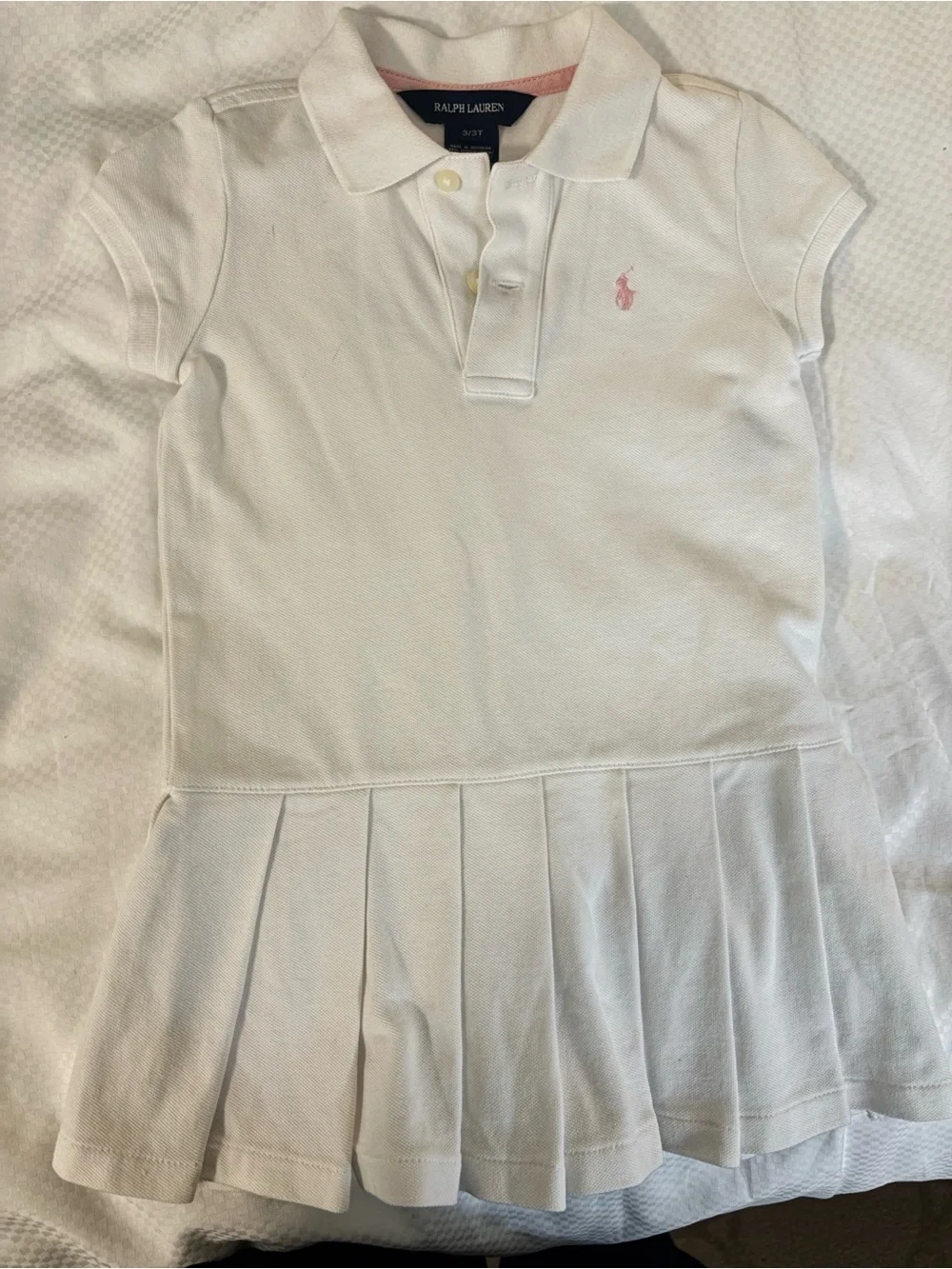 Polo Ralph Lauren Girls White Cotton Pleated Tennis Polo Dress Pink Pony 3T